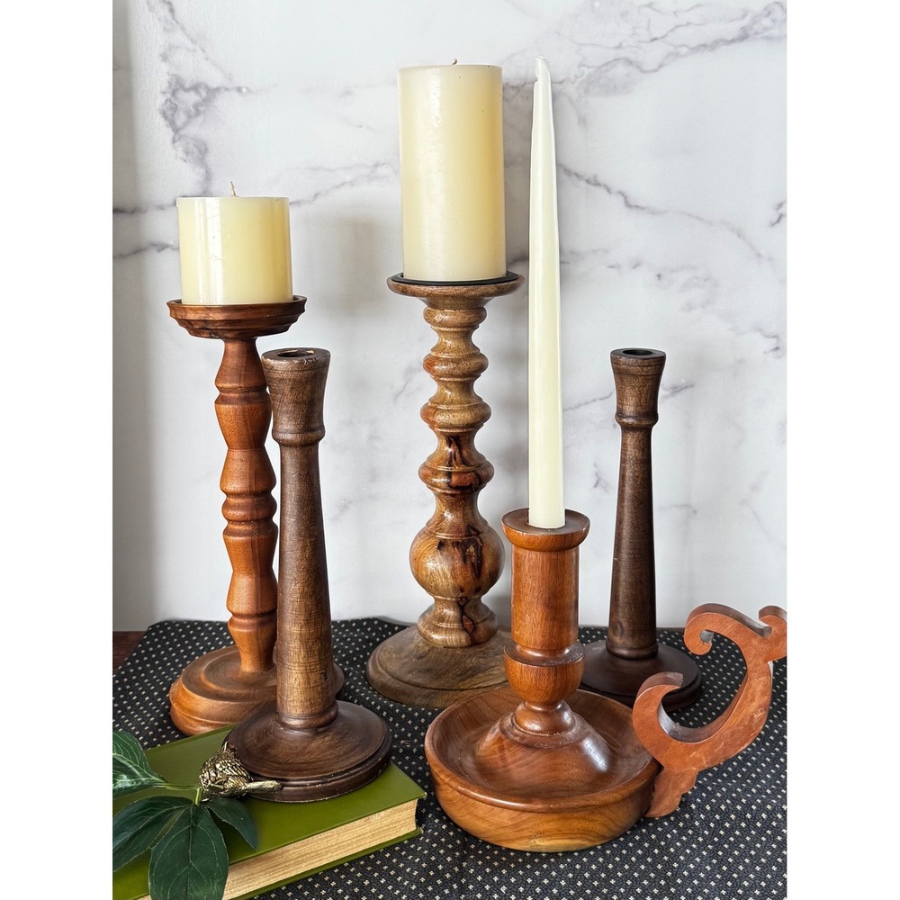 Curated vintage wooden candlesticks, set a five, turned‎ wood candleholders